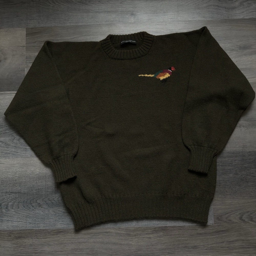 Vintage Holland & Holland 100% Shetland Wool Sweater M Pheasant Bird Moss Green